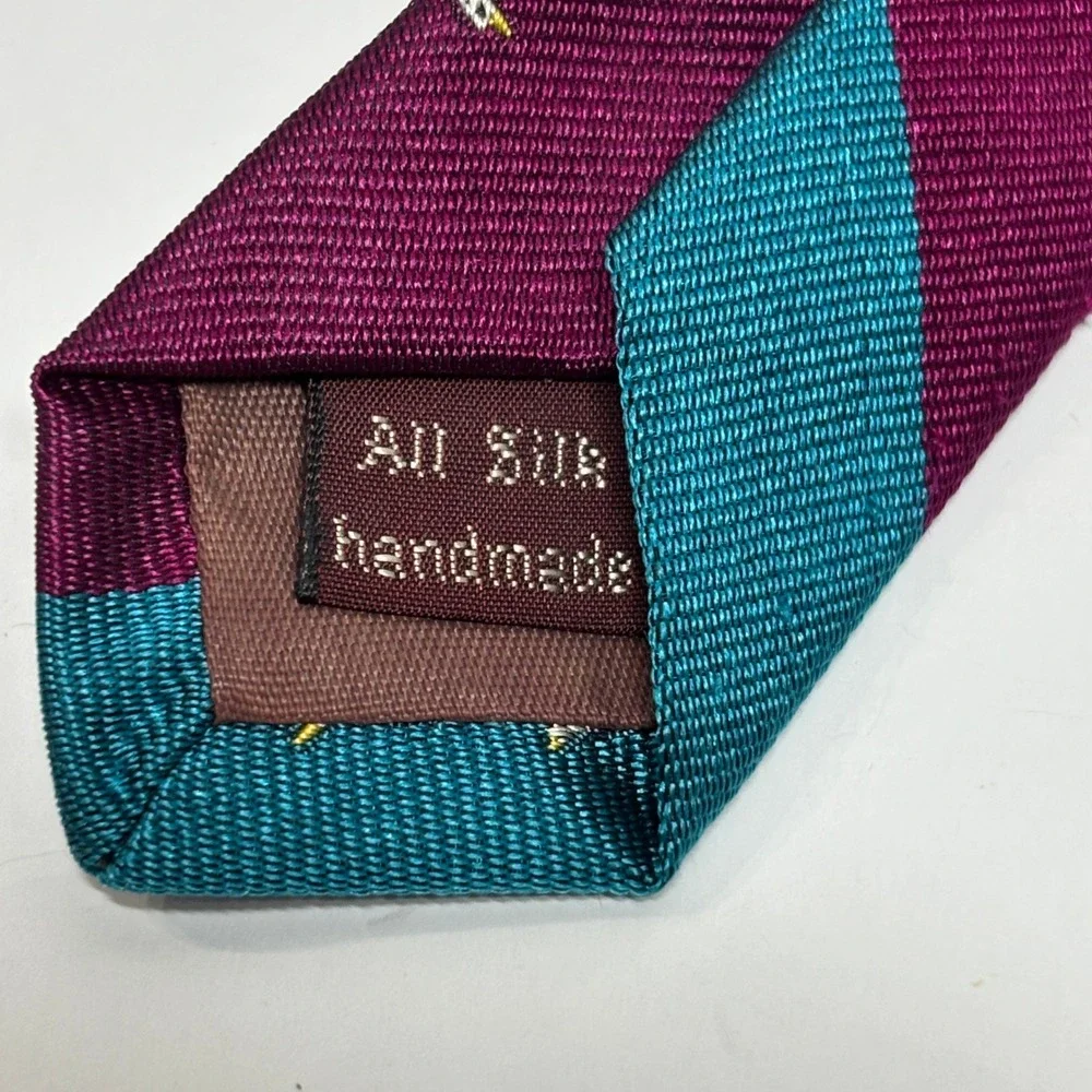Chatham Ltd Necktie‎ Mens OS Teal Burgundy Mallard Duck Stripe Silk Handmade